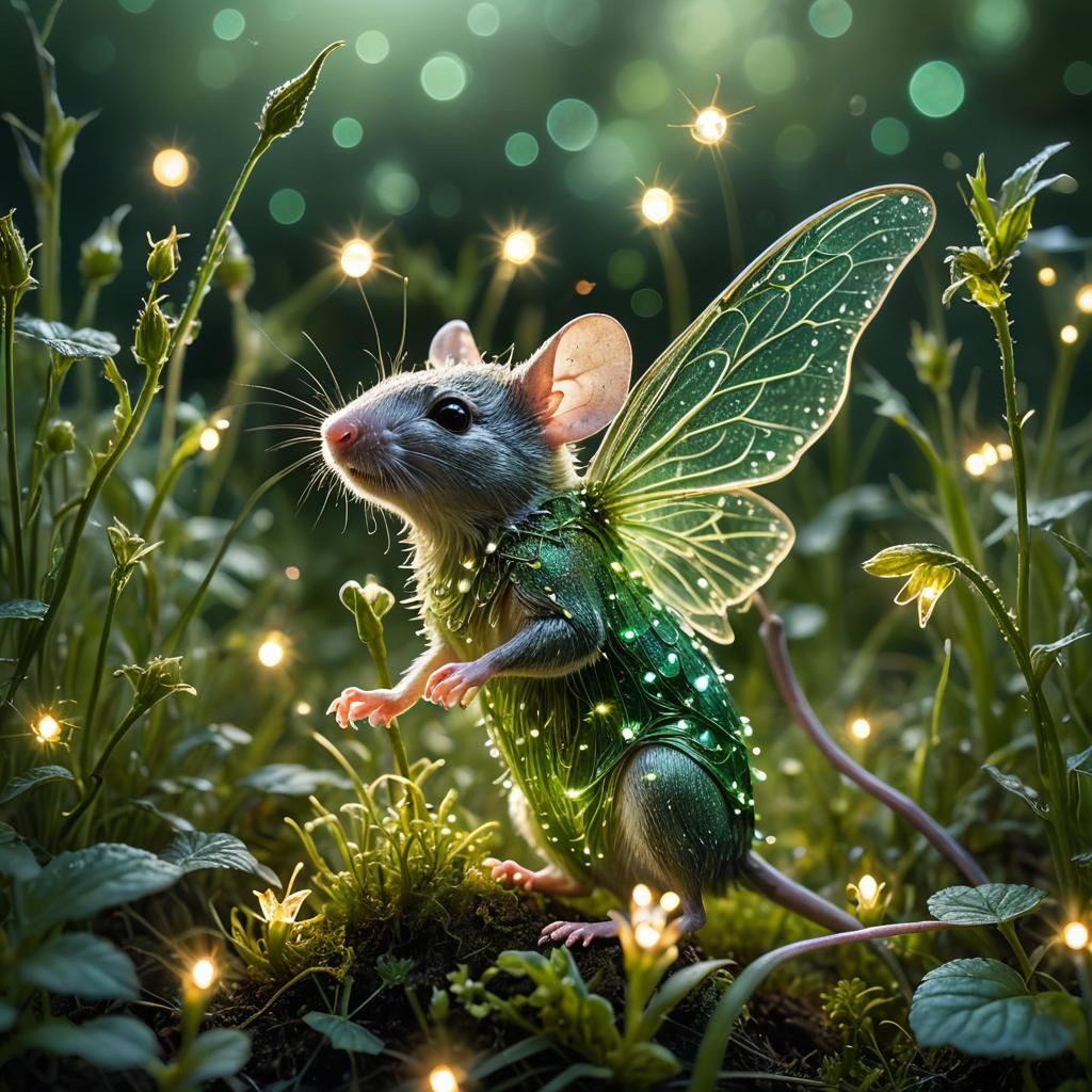Glowing Fairy Mouse with Fireflies in Mystical Meadow