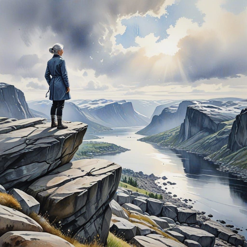 Doctor on Kjeragbolten Boulder: Watercolor Painting