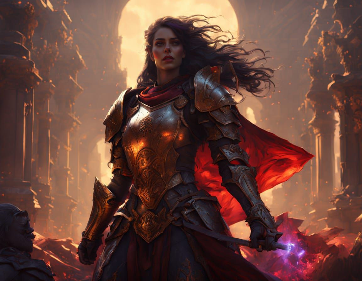 Elegant Female Knight Dominates Dark Fantasy Battlefield