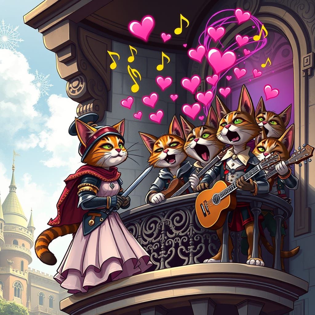 Whimsical Feline Romance in Vibrant Spring Castle