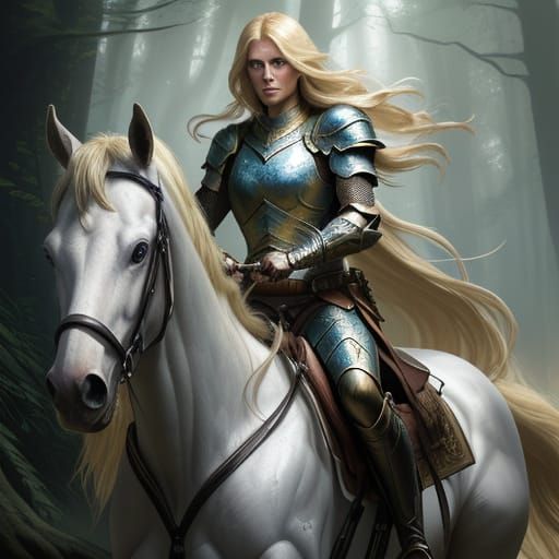 Blonde Warrior Woman Rides Horse Through Forest