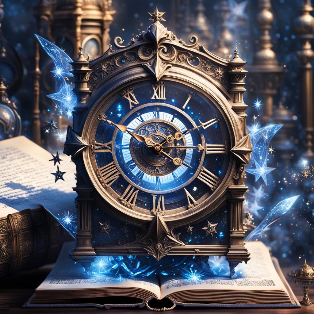 Sci-Fi Clock Emerges from Book with Stars