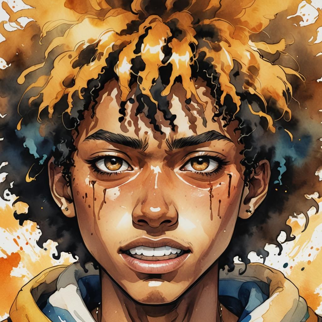 Anime Portrait of Teenage Boy Crying in Watercolor Style