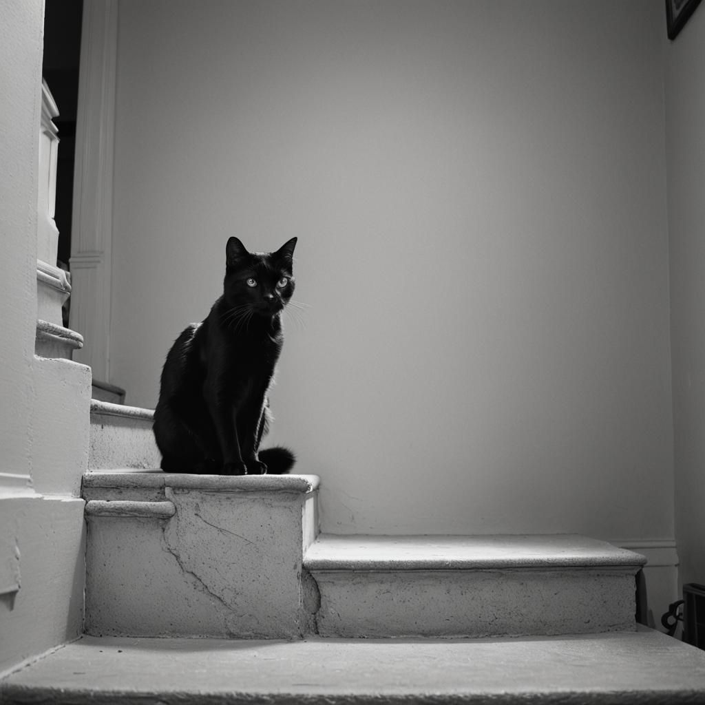 Sinister Black Cat on Staircase, Black and White