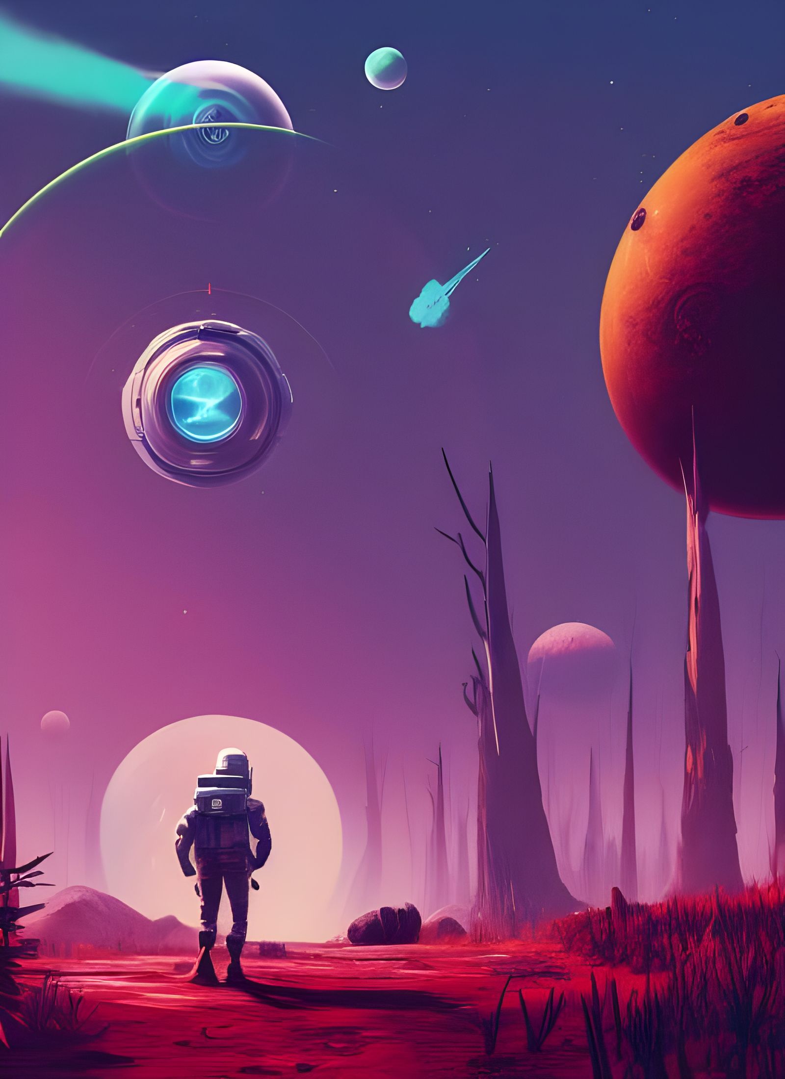 Spaceman in Alien Forest: Retrofuturistic Atompunk Poster