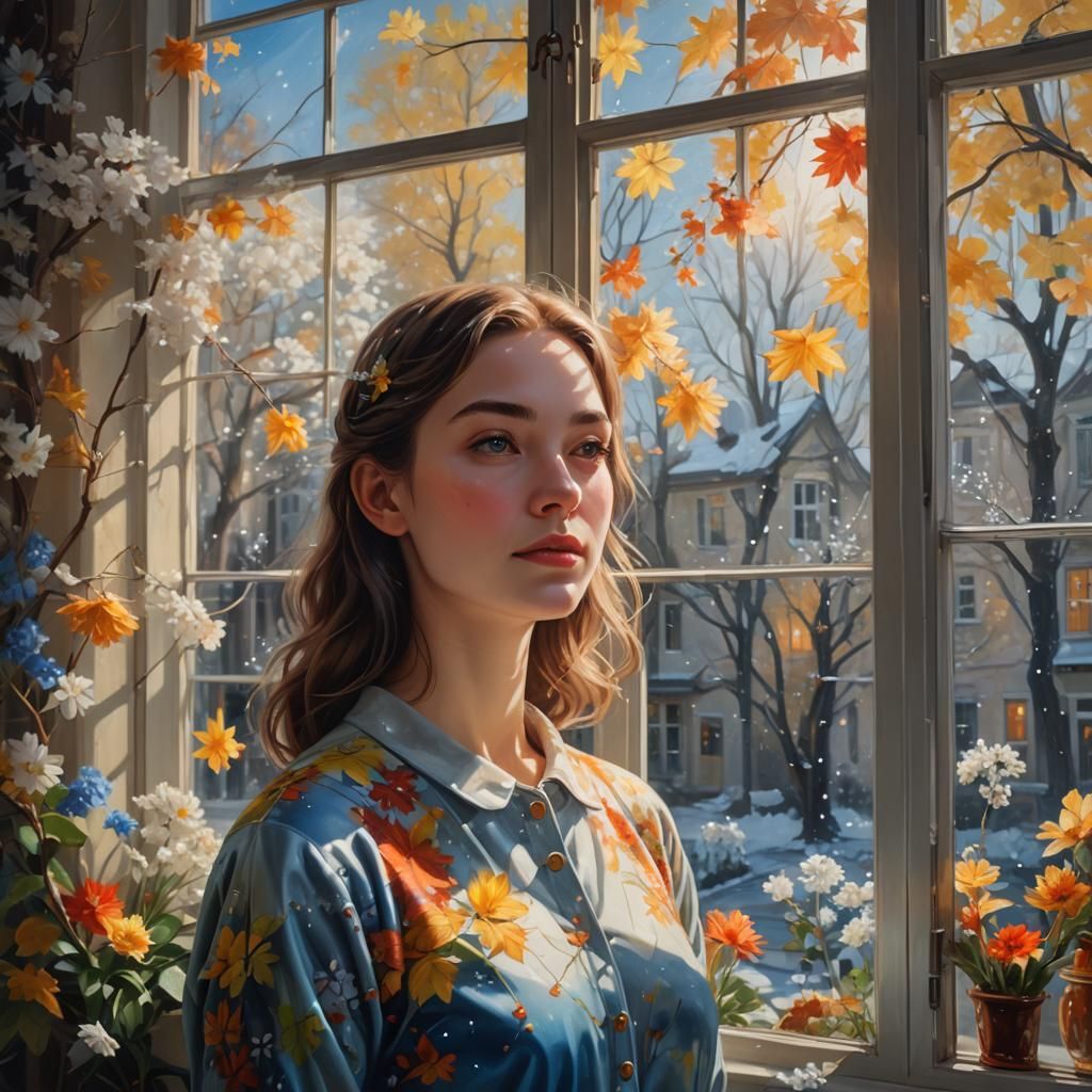 Girl in Surreal Window Reflecting All Seasons