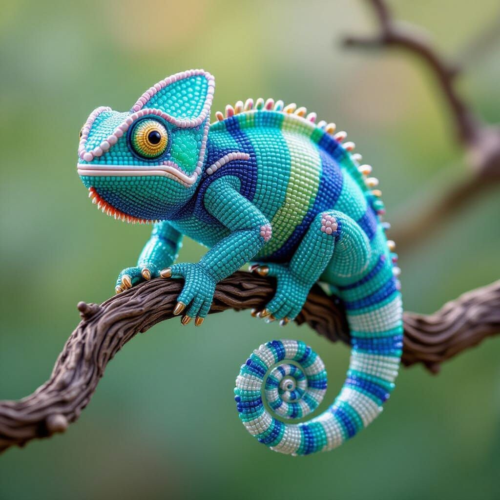 3D Beaded Chameleon on Branch in Vibrant Style