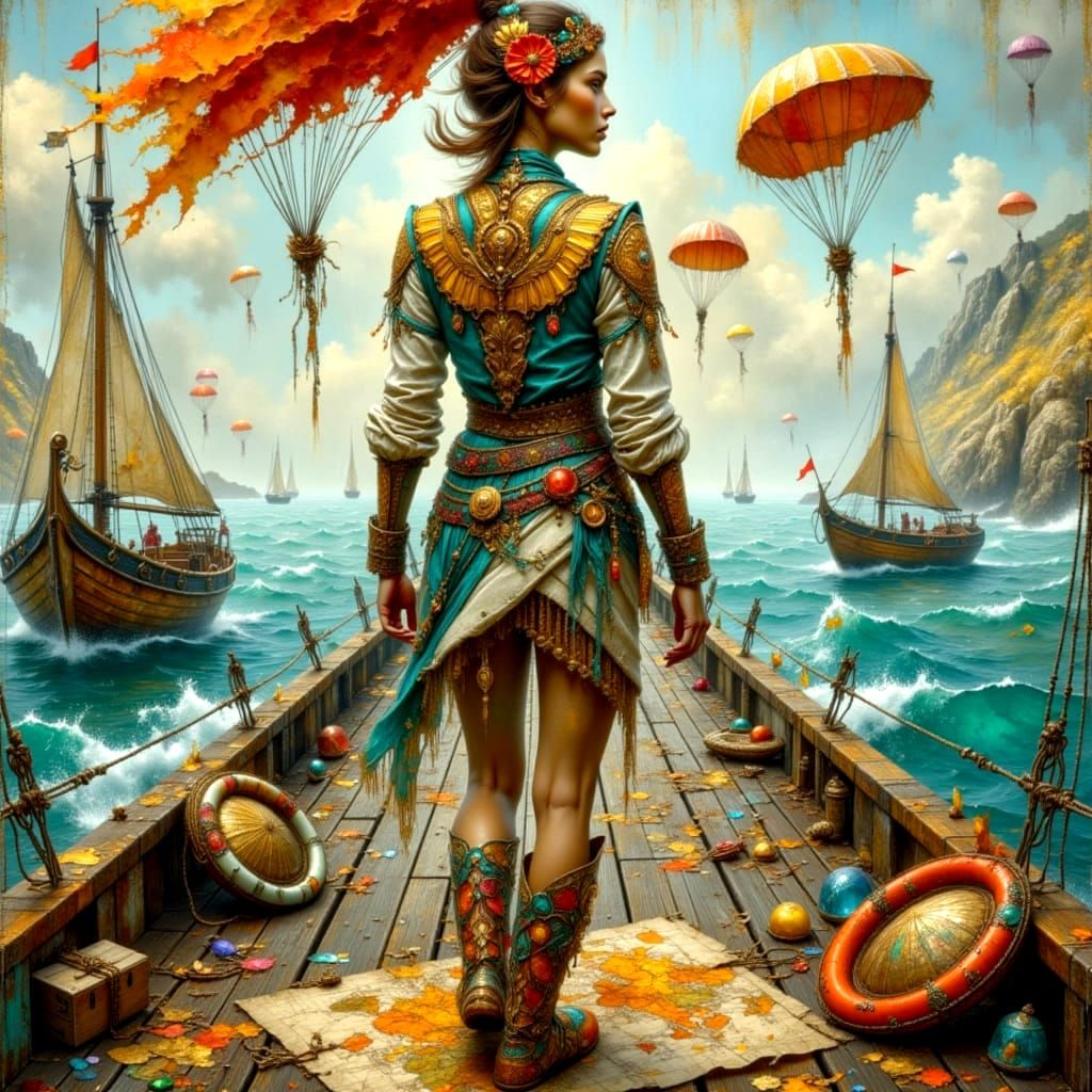 Colorful Treasure Scene with Parachutes and Lifeboats