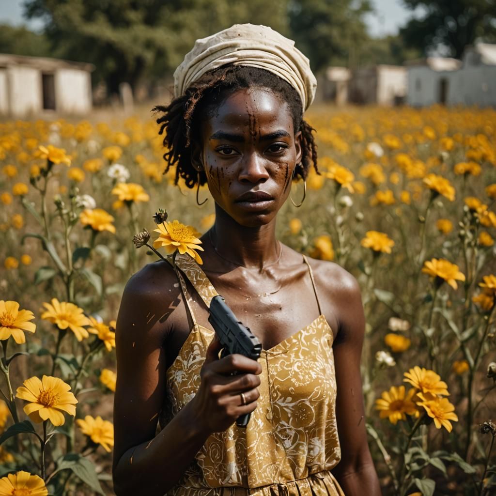 Conceptual Portrait of Woman with Pistol and Flower