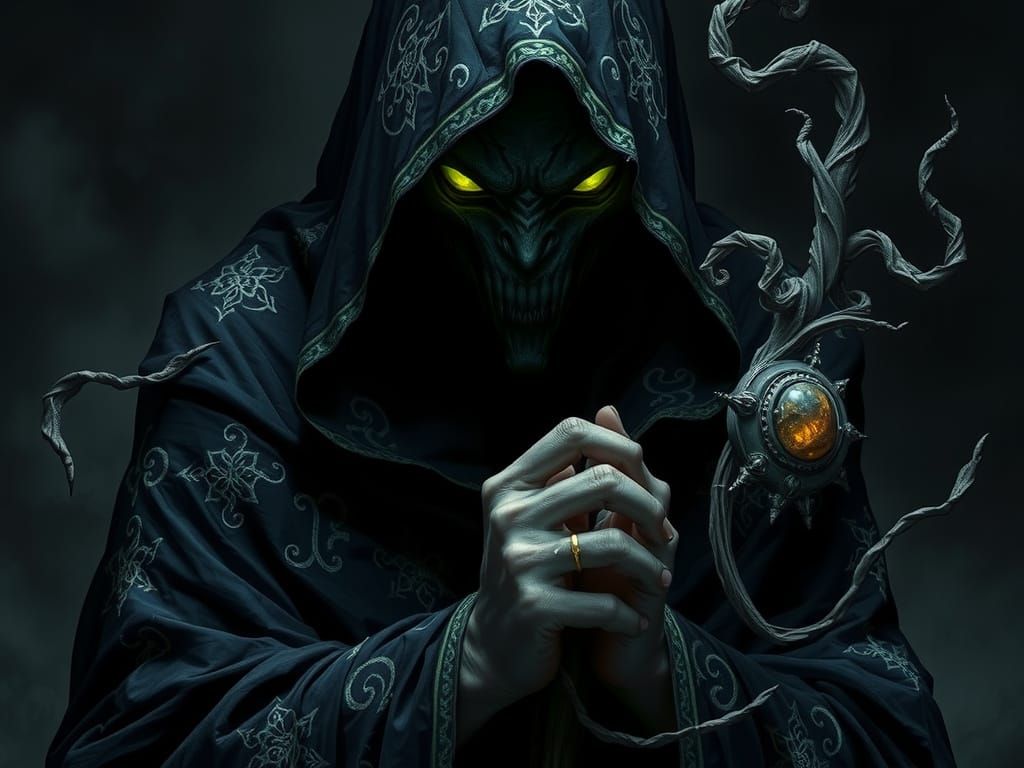 Ethereal Dark Figure in Tattered Black Robes with Unsettling...