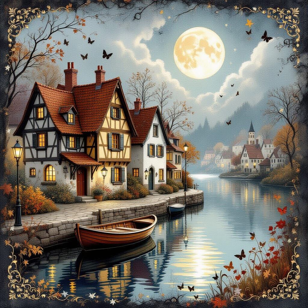 Charming Crooked Houses under Moonlight, Dreamy Watercolor P...
