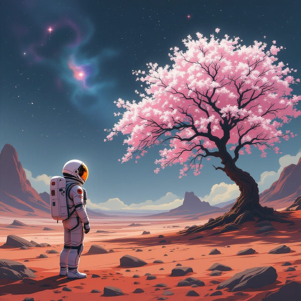 Astronaut on Alien Planet with Giant Glowing Cherry Blossom ...