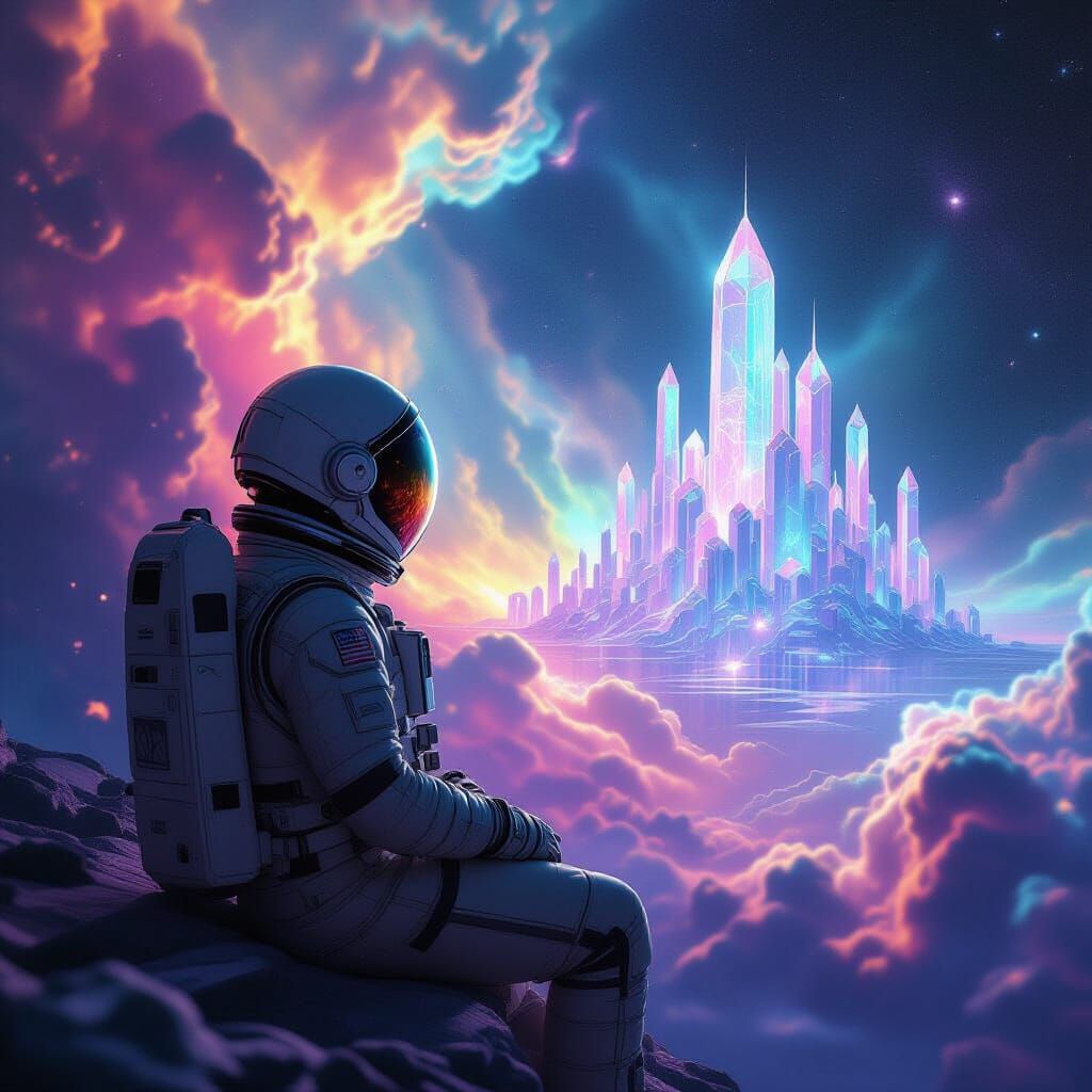 Astronaut Gazing at Crystalline City in Nebula