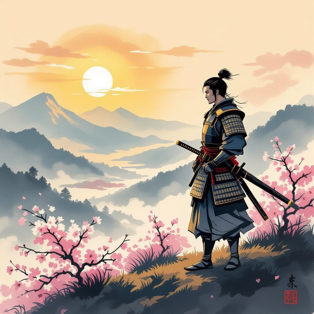 A lone samurai stands atop a windswept hill, overlooking a v...