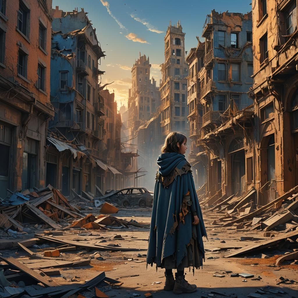 Decaying Cityscape with Girl: Matte Painting