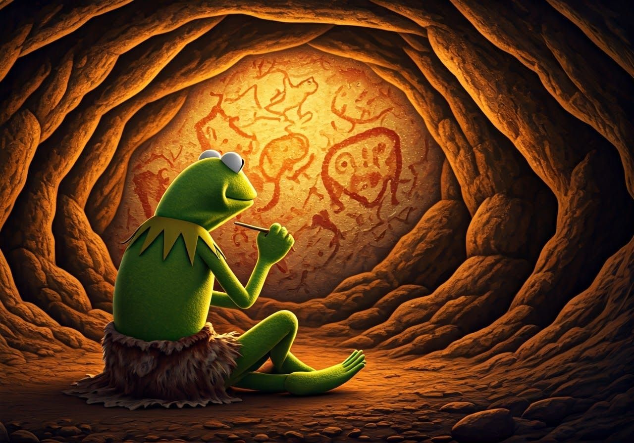 Kermit as a caveman painting cave paintings of frogs and pig...