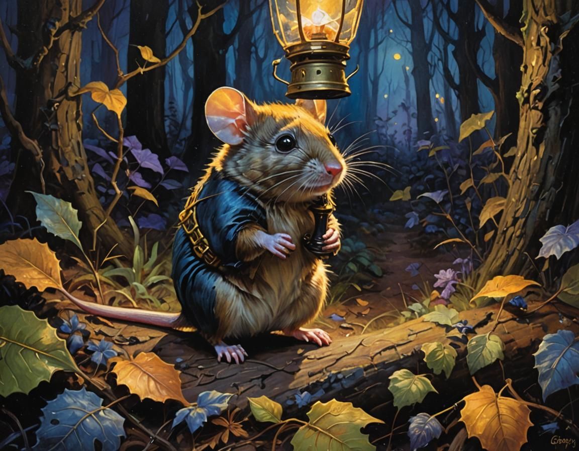 Mouse with Lantern in Forest, Oil on Canvas