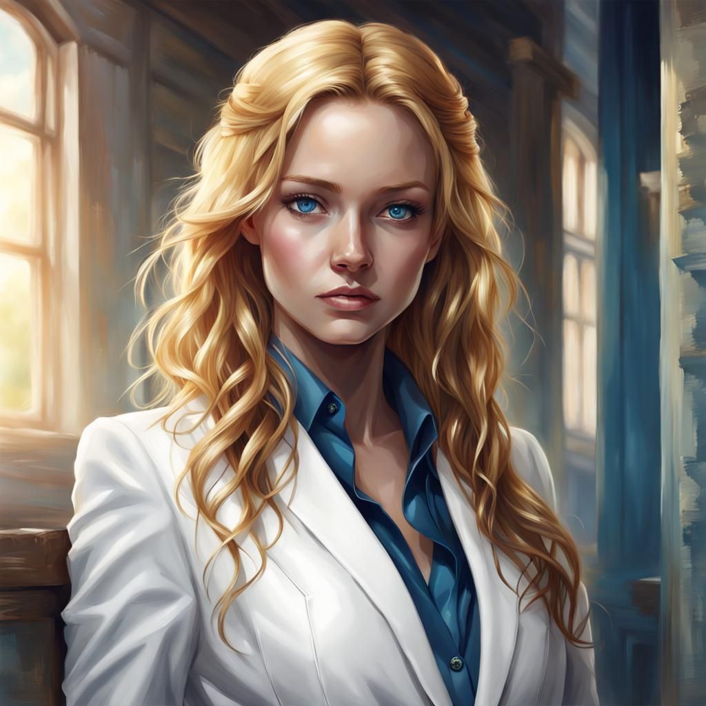 Beautiful Woman with Golden Hair in White Suit