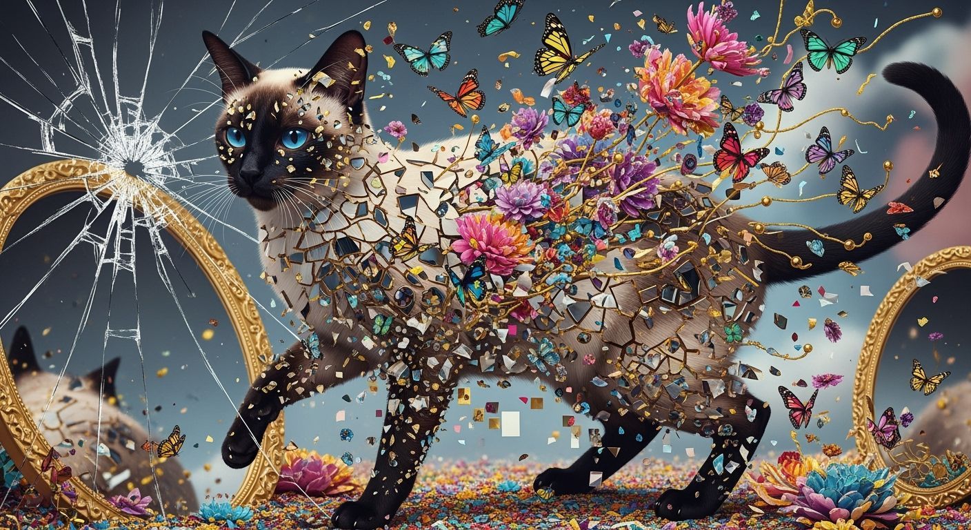 Surreal Siamese Cat Fragmentation with Butterflies