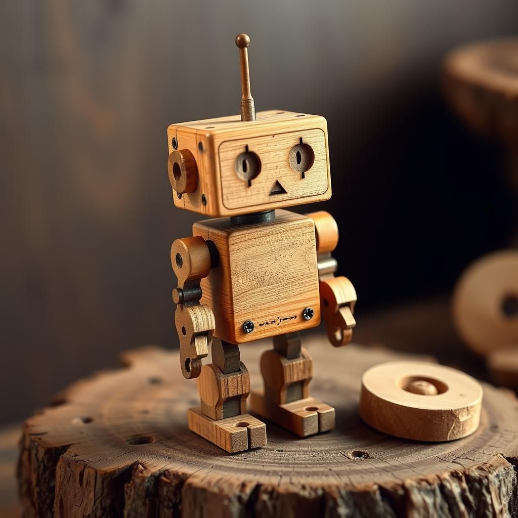 Wooden Robot Carving a Tiny Robot