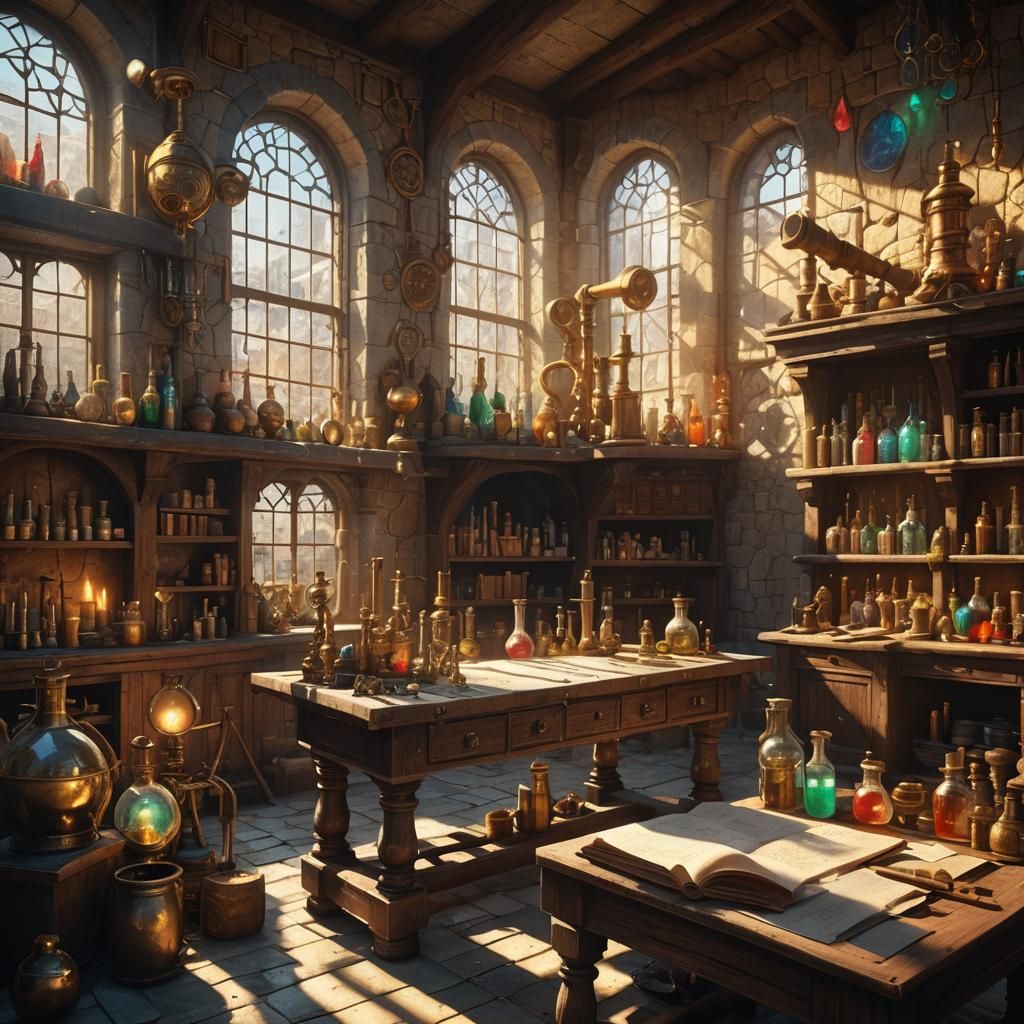 Mysterious Alchemy Lab with Colorful Liquids