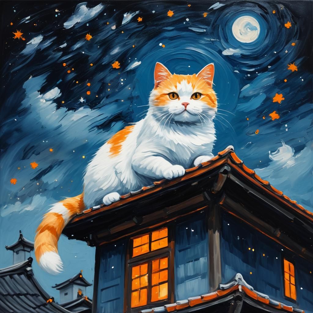 Dreamy Cat on Japanese Roof: Impasto Oil Painting