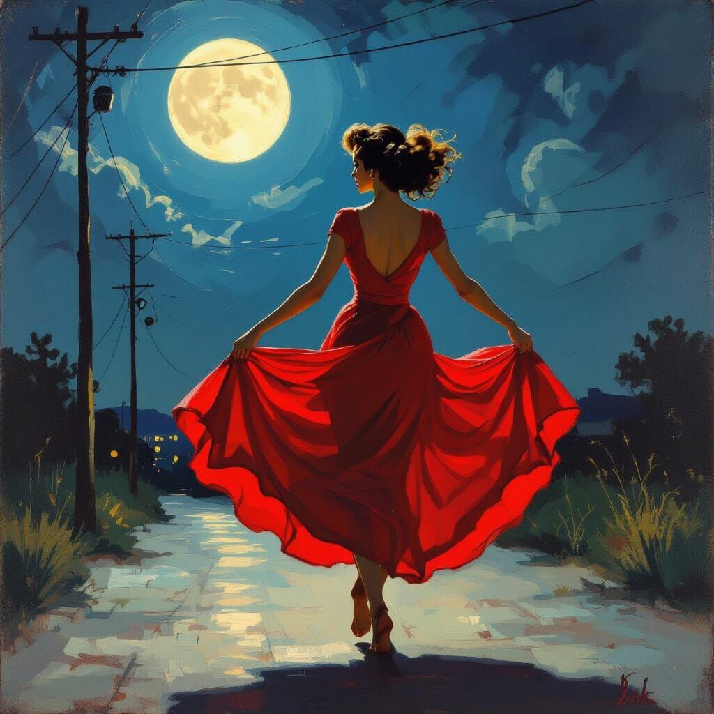 Woman in Red Dress Dancing Under Moonlight