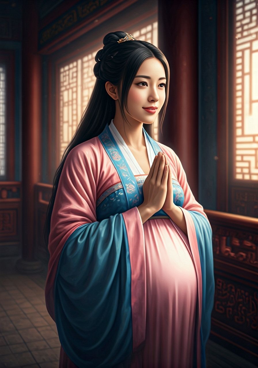 Pregnant Girl Praying in Ancient Chinese Temple