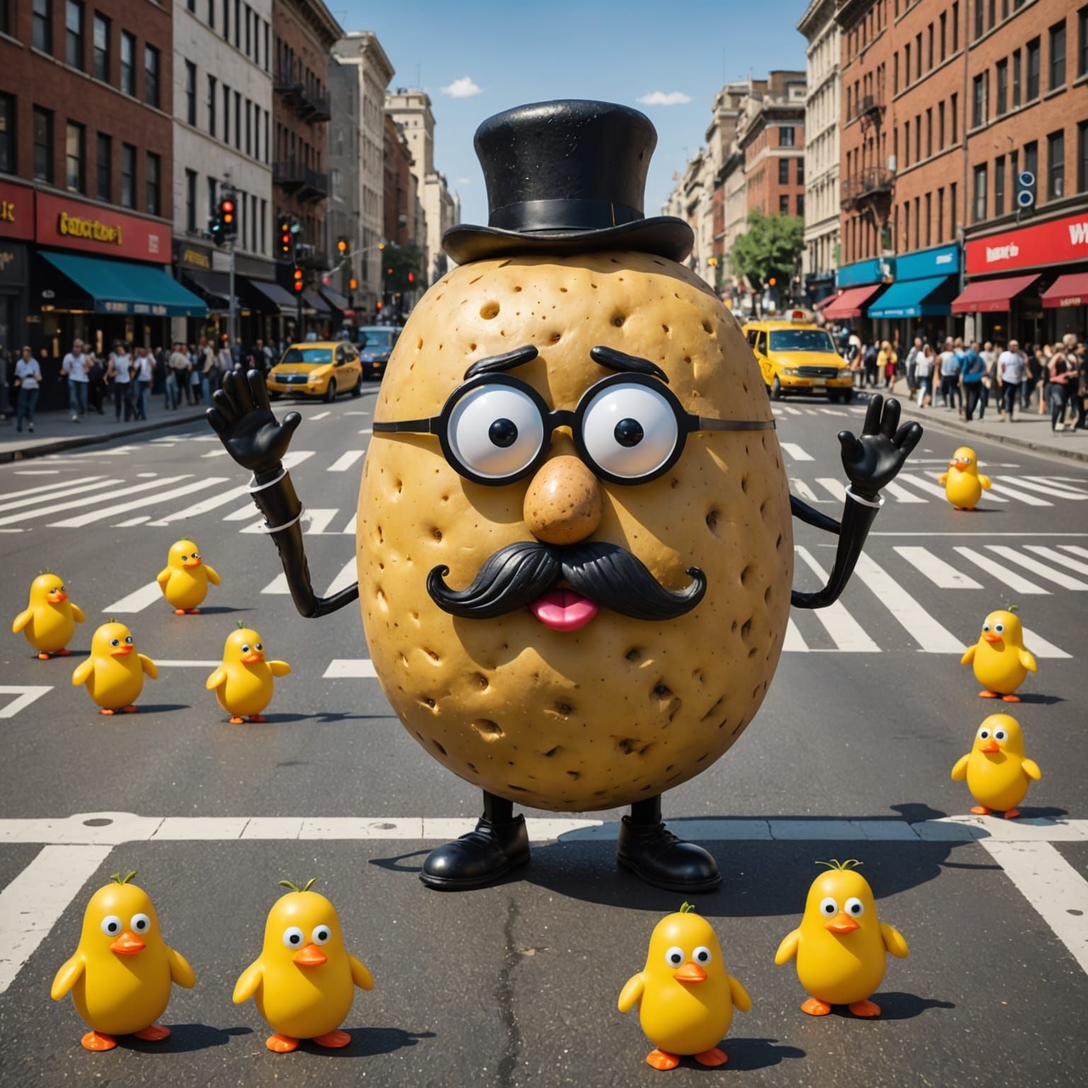 Surreal Cityscape with Giant Talking Potato and Whimsical Cr...