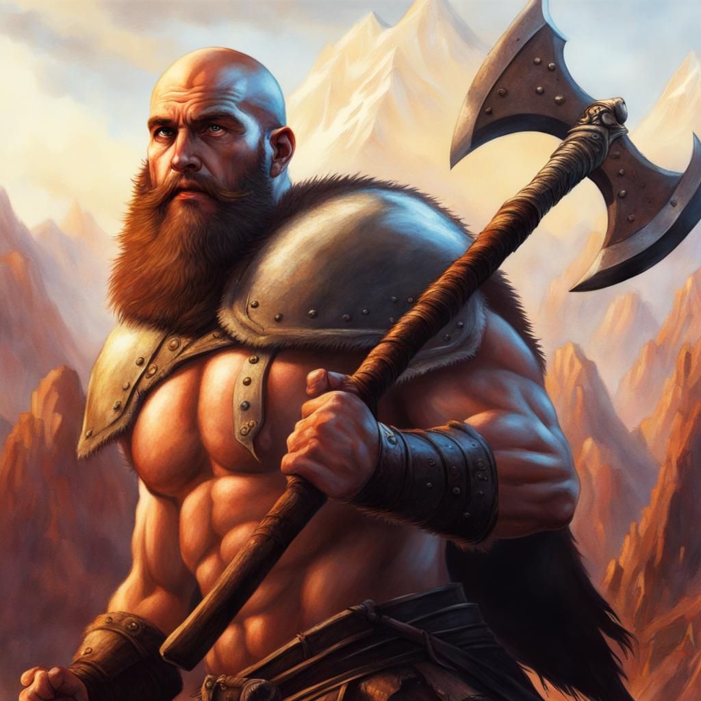 Fierce Bald Barbarian with Axe in Mountain Landscape