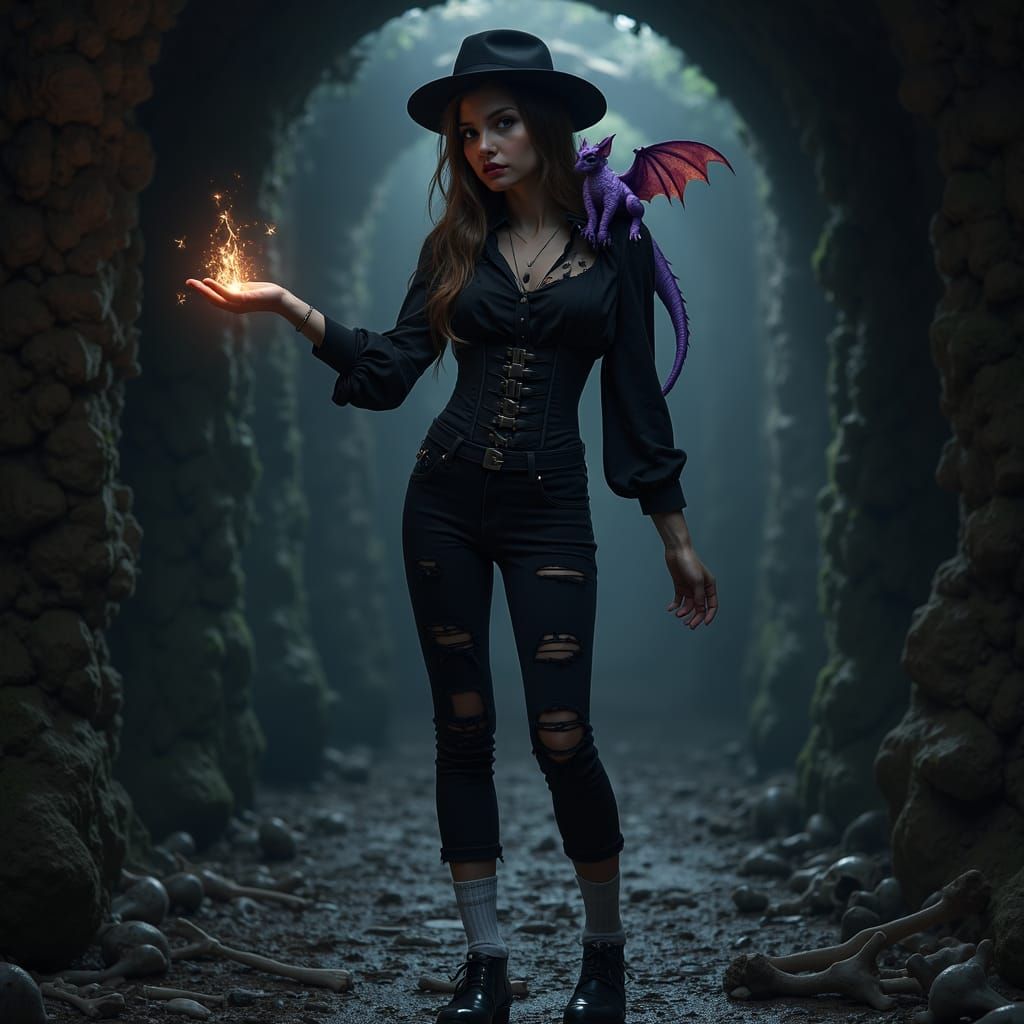 Gothic Woman with Dragon in Hyper-Realistic Style