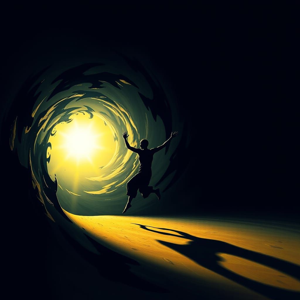 Surreal Figure Escapes Illusions into Radiant Landscape