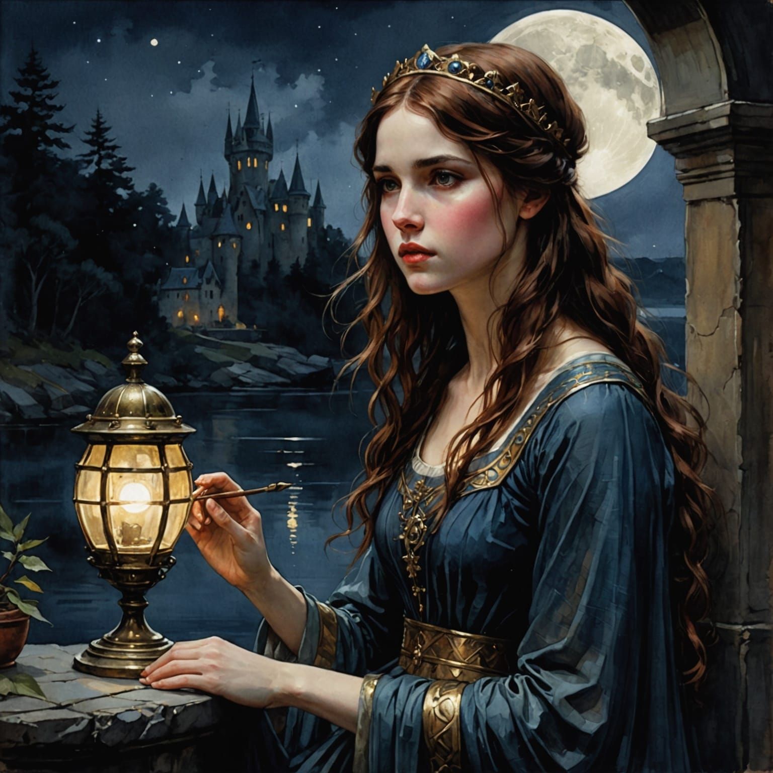 Captive Princess by Moonlight in Watercolor Style