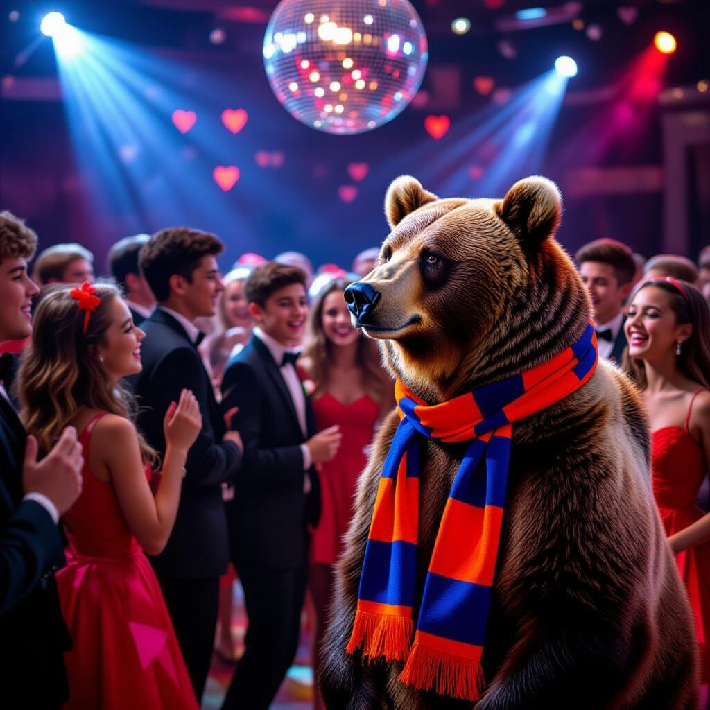 Bear Observes Valentine Dance in Hyper-Realistic Style