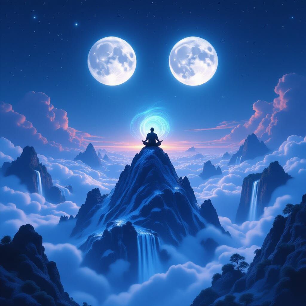 Meditator on Crystal Peak Under Twin Moons