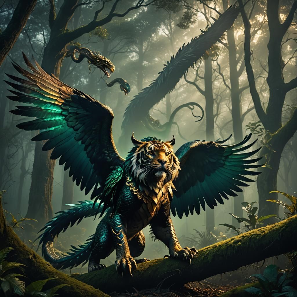 Mythical Eagle-Tiger-Snake Hybrid in Misty Forest