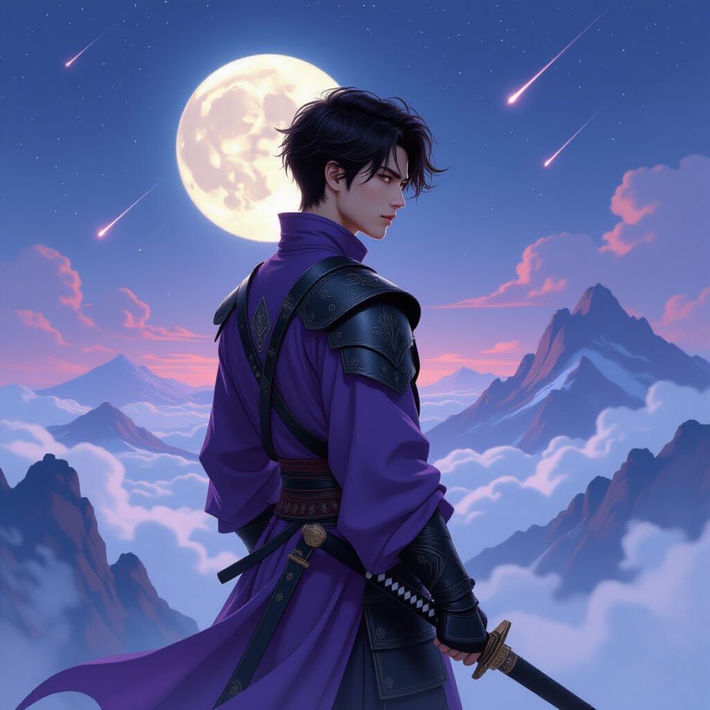 Ethereal Asian Man on Mountain Peak Under Starry Sky