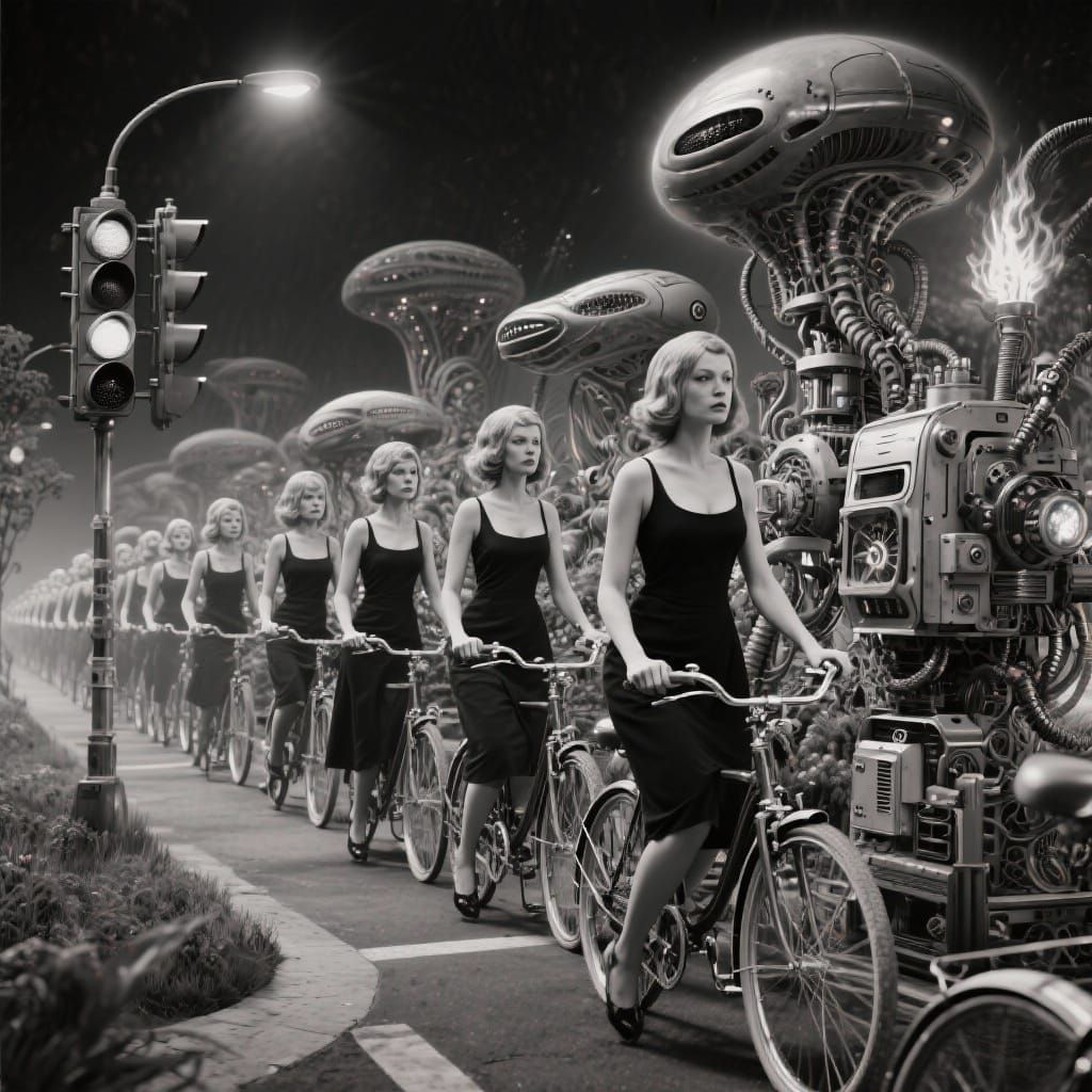 Surreal Bicycle Traffic with Women and Alien Machines
