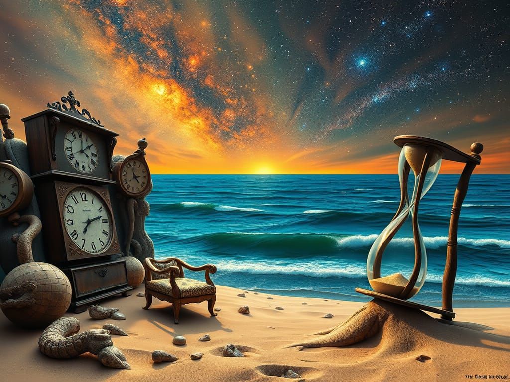Dreamlike Expanse with Melting Clocks and Cosmic Nebulae