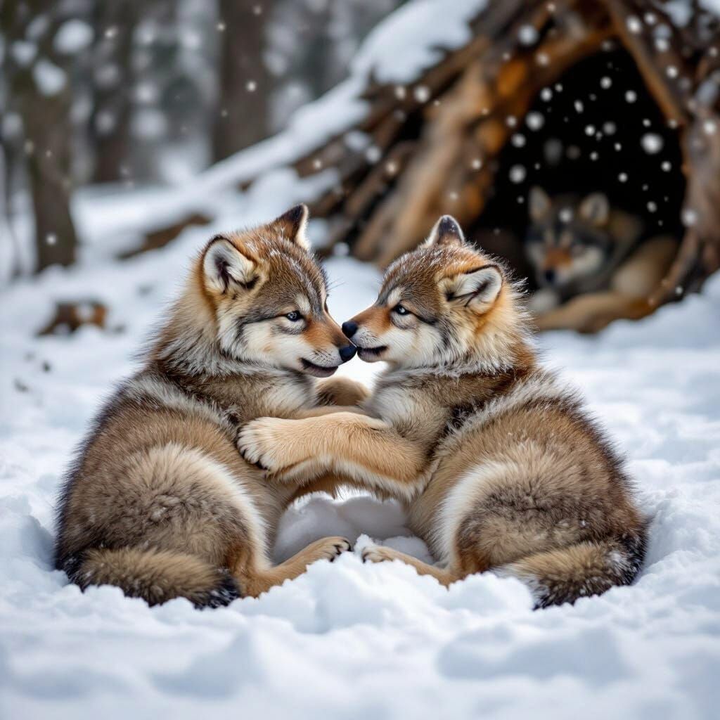 Adorable Wolf Cubs Wrestling in Snow