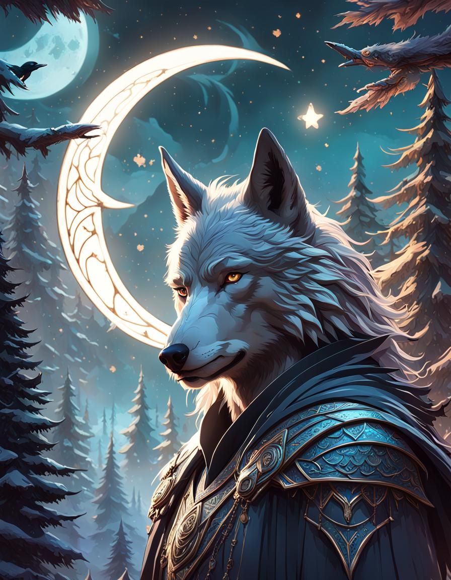 Enchanted Forest Portrait with Wolf, Crow, and Child