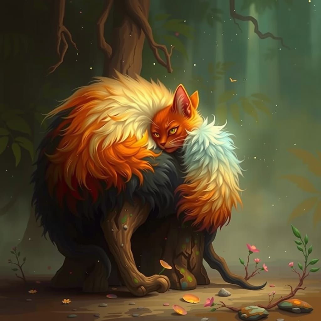 Whimsical Feline Enchantress in Vibrant Forest Realm