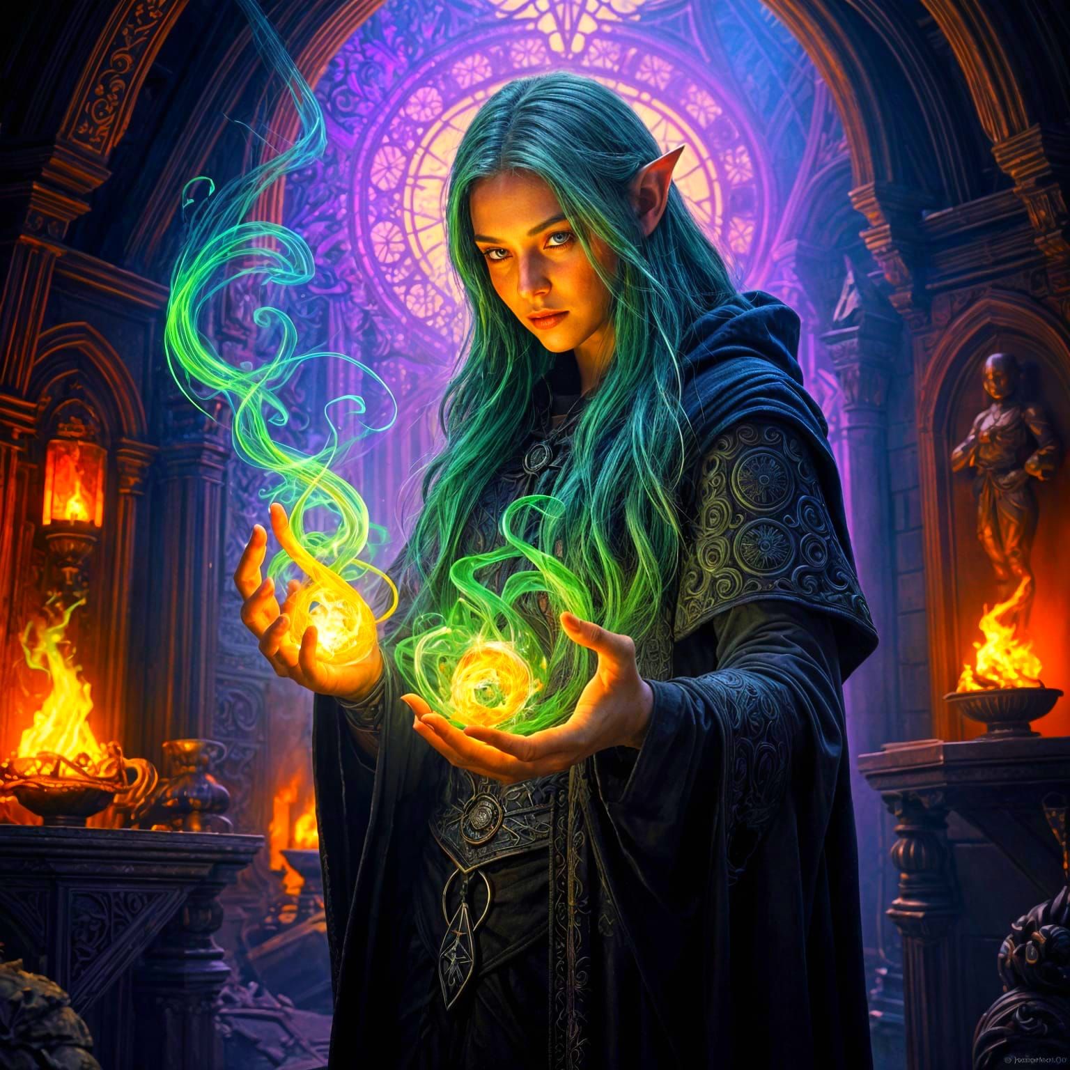 a dark elf with magic hands in a black cloak and green fire ...