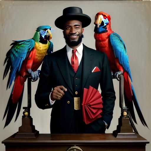 Macaws on a Man's Head: Vintage Photorealistic Image
