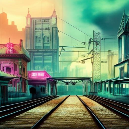Neon Abandoned Train Station in a Digital Painting
