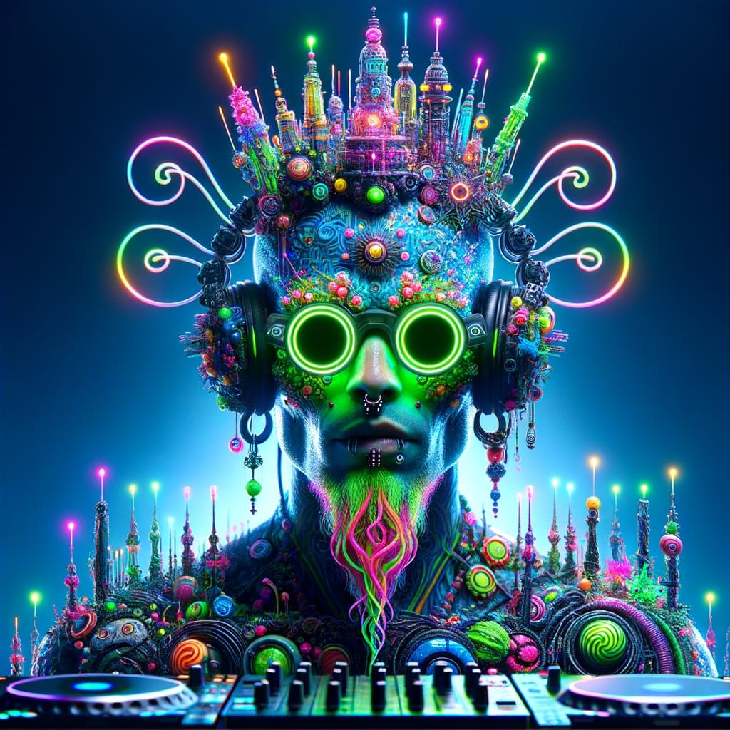 Rave Deity in a Futuristic Neon Landscape