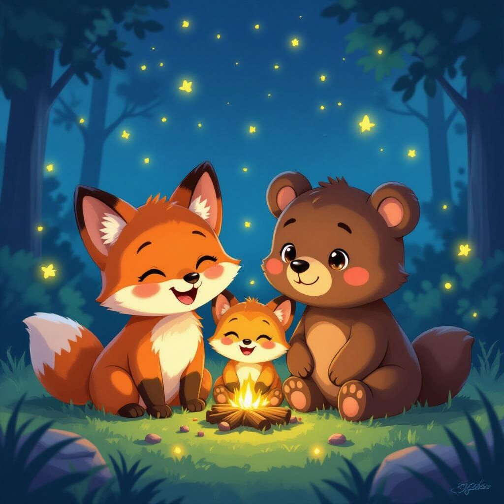 Cute Baby Foxes and Bear Cubs with Fireflies in Storybook St...