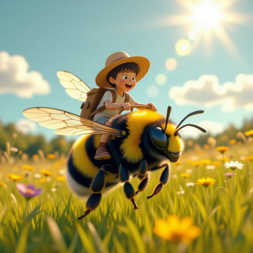 Boy Rides Giant Bumblebee in Ghibli-Style Animation