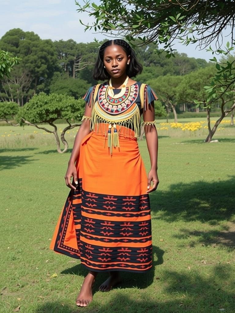 African Contemporary Goddess in Vibrant Orange Traditional D...