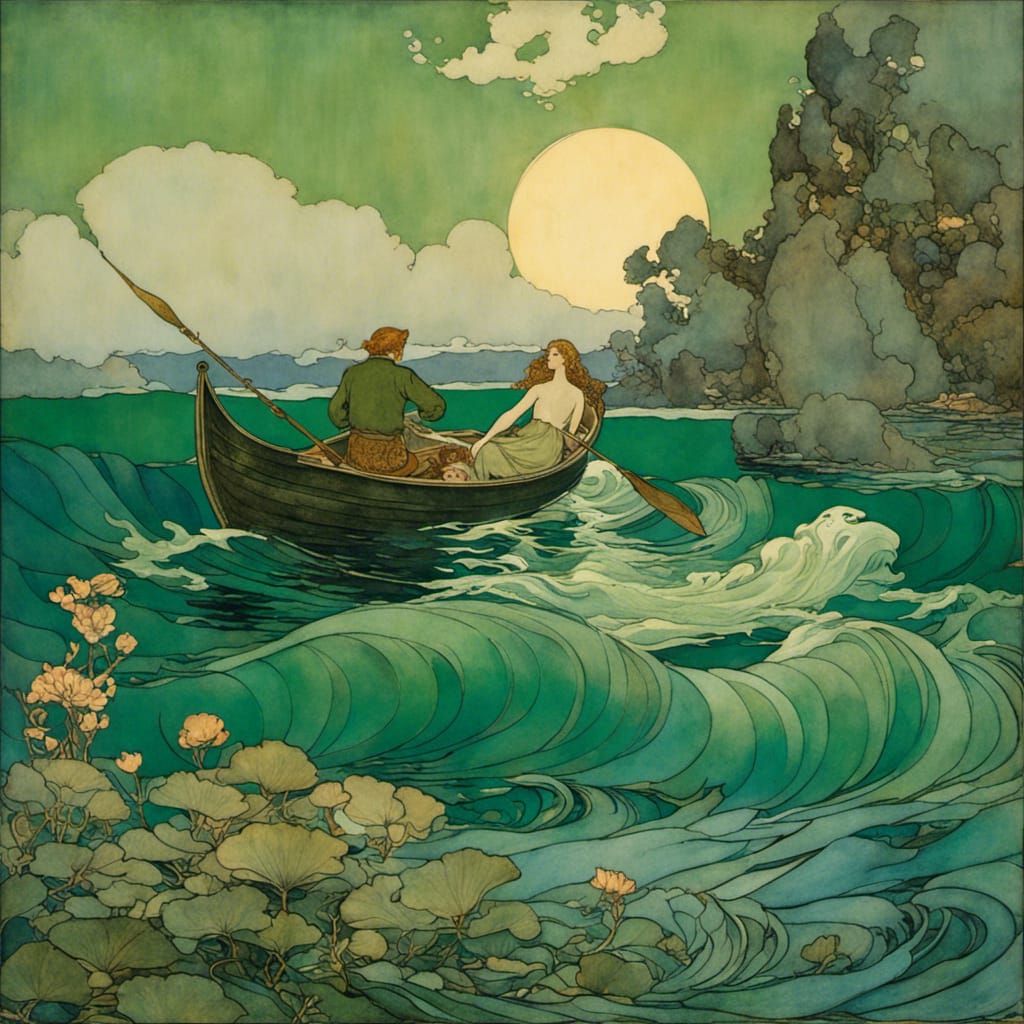 Fisherman and Mermaid Art Nouveau Illustration
